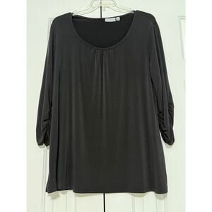 Susan Graver Liquid Knit Ruched Sleeve Black Tunic, Size XL